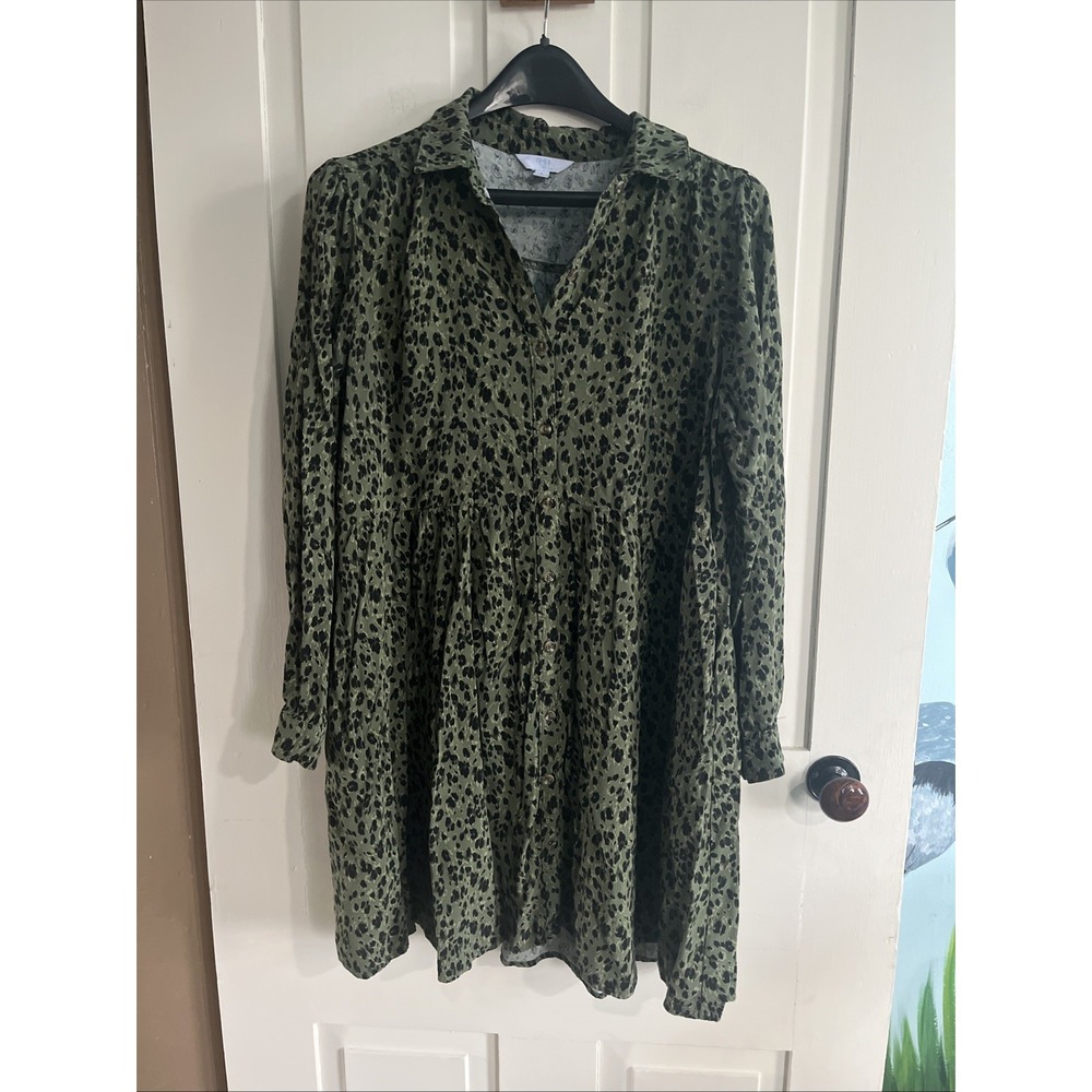 Time & Tru Women's Large Olive Cheetah Collared Button Down Top Shirt Dress